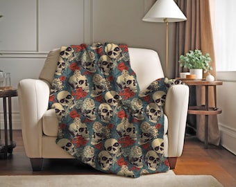Gothic Skull Throw Blanket | Skulls & Roses Couch Throw Blanket | Floral Skull Throw Blanket Couch | Soft Gothic Aesthetic Skull Blanket