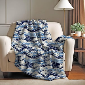 Japanese Couch Throw Blanket | Japanese Great Wave off Kanagawa Blanket | Japan Aesthetic Home Decor | Japan Art Boho Throw Blanket Couch