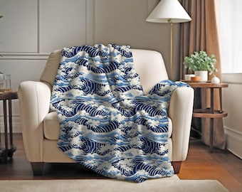 Japanese Couch Throw Blanket | Japanese Great Wave off Kanagawa Blanket | Japan Aesthetic Home Decor | Japan Art Boho Throw Blanket Couch