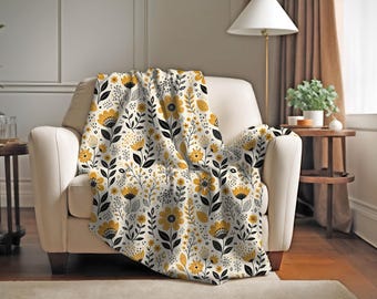 Manta de otoño con motivos botánicos y arte popular / Manta bohemia para sofá / Manta floral color mostaza / Regalo de inauguración de casa