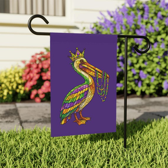 Mardi Gras Pelican Garden Flag | Stained Glass Pelican New Orleans Flag | Louisiana House Flag | Mardi Gras 2026 Garden Decor