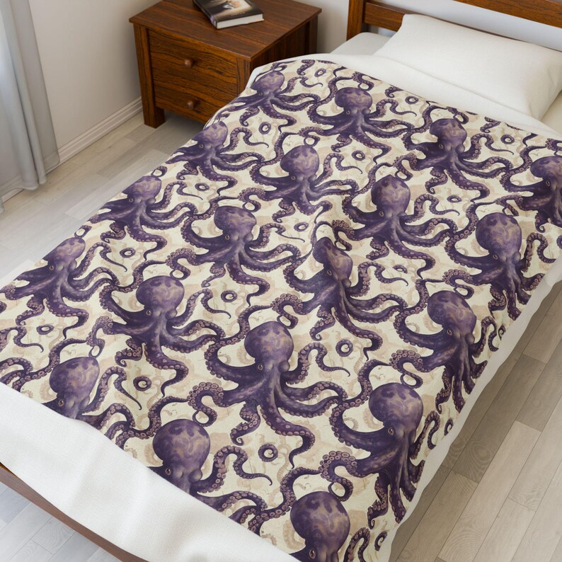 Vintage Octopus Blanket | Octopus Couch Throw Blanket | Marine Life Soft Blanket, Ocean Life Velveteen Blanket, Octopus Gift for Ocean Lover