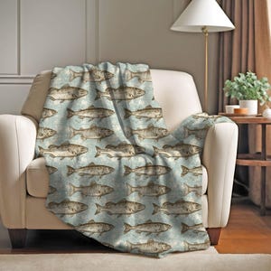 Vintage Fish Blanket | Fish Couch Throw | Fishing Velveteen Blanket | Cute Couch Throw for Lake House | Novelty Soft Blanket | Fishing Gifts