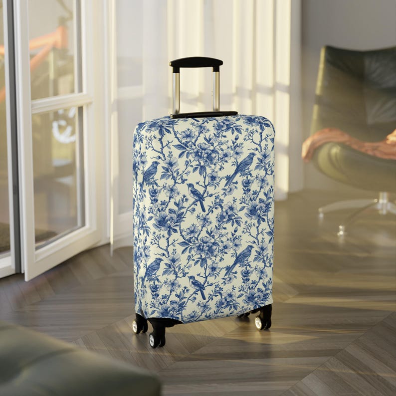Toile de Jouy Suitcase Cover | Vintage Floral Luggage Cover | Elegant Suitcase Sleeve | Boho Luggage Protector | Blue Suitcase Protector