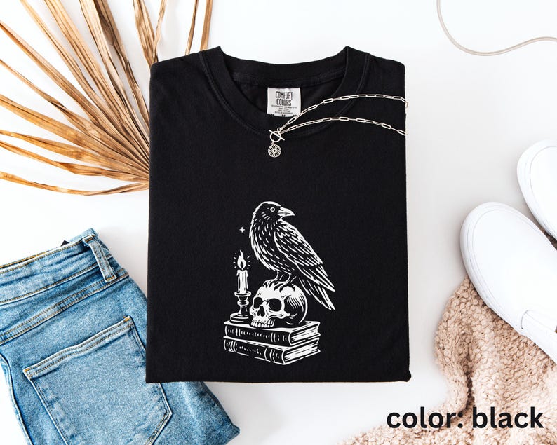 Dark Academia Raven Shirt | Edgar Allan Poe Raven and Skull T Shirt | Gothic Graphic T-Shirt | Comfort Colors® Goth Shirt