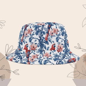 Tropical Toile de Jouy Bucket Hat | French Toile Aesthetic Sun Hat | Blue Toile Beach Hat | Tropical Beach Hat | Tropical Birds Summer Hat