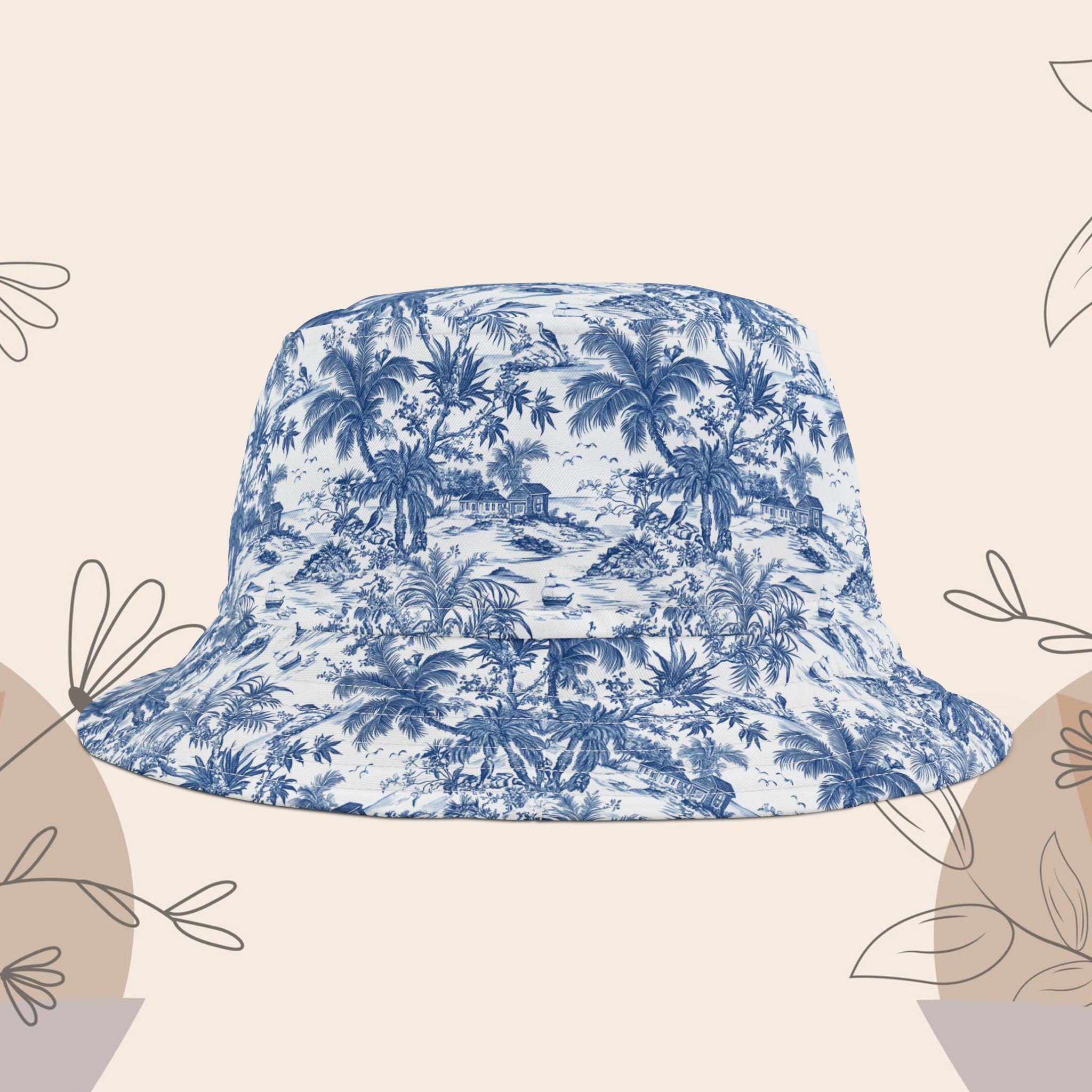 Cream and Blue Toile Foldable Bucket Hat One Size Toile Print Cotton Bucket Hat – AMEERA main image 2