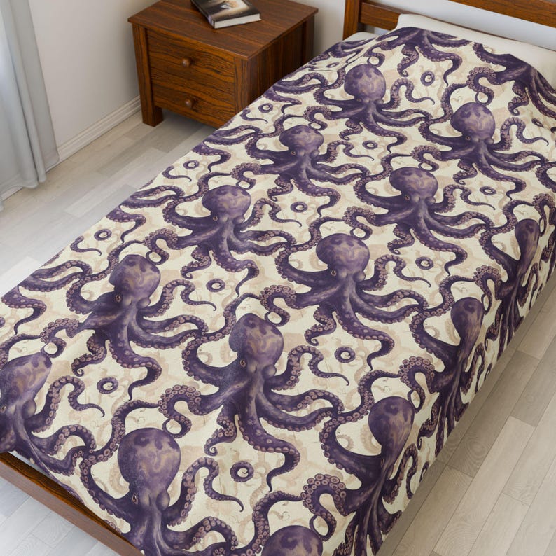 Vintage Octopus Blanket | Octopus Couch Throw Blanket | Marine Life Soft Blanket, Ocean Life Velveteen Blanket, Octopus Gift for Ocean Lover