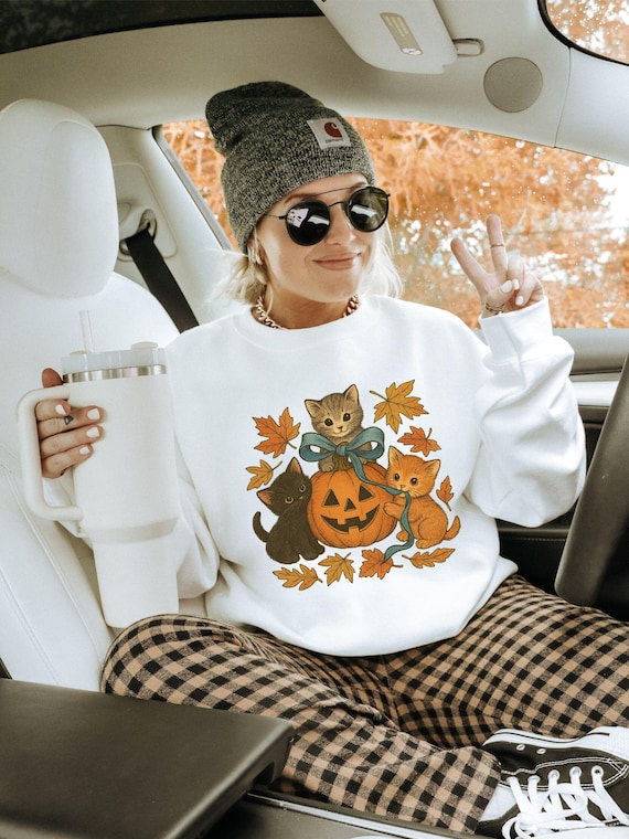Vintage Halloween Cat Sweatshirt Retro Fall Shirt Coquette