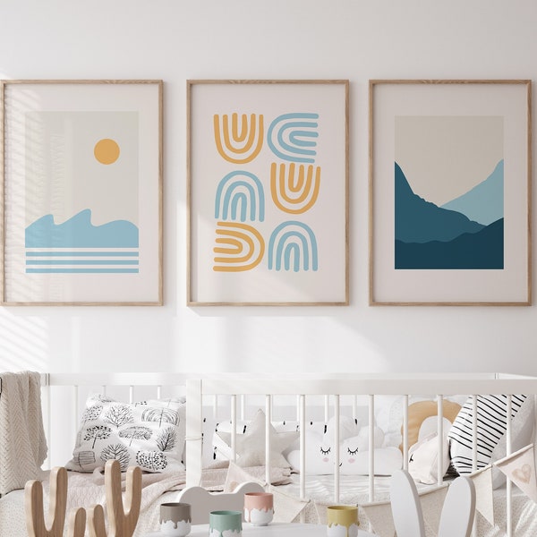 Nature Boho Prints for Kids Playroom decor, Minimalist Boho Nursery Wall Decor Sunrise, Mountain Landscape Kids Room Decor, Nautical boho