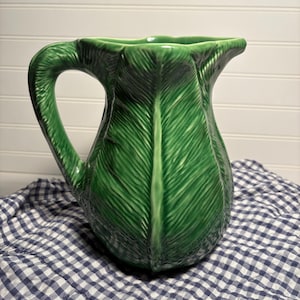 Vintage Cabbageware, Cabbage Leaf Pitcher, Olfaire Portuguese Majolica – Mid-Century, Stamped P 438
