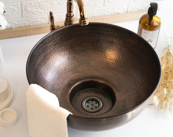 Handmade Dark Copper Vessel Sink | Hammered Solid Copper Bathroom and Kitchen Sink | *Drain Cap Included*