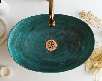 Green Patina Solid Copper Bathroom Vessel Sink | Hammered Copper Kitchen and Bathroom Vanity Vessel Sink | *Drain Cap Included*