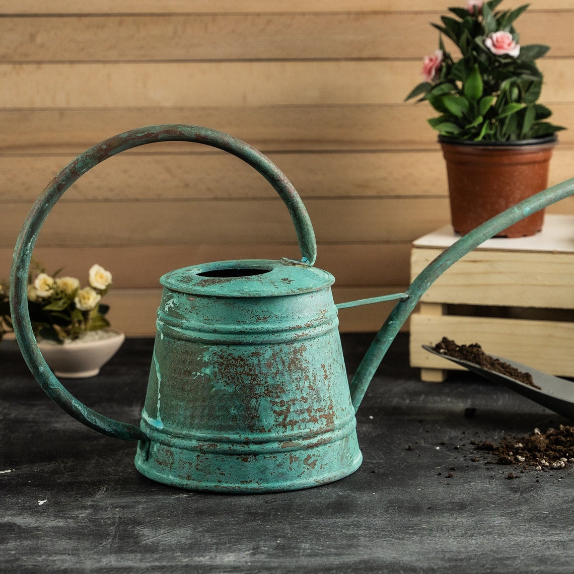 Solid Copper Watering Can Green Patina Long Spout Handmade Copper Solid copper watering can green patina long spout handmade copper