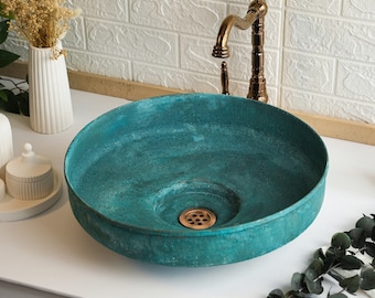 Blue Patina Solid Copper Vessel Sink | Hammered Solid Copper Bathroom and Kitchen Sink | *Drain Cap Included*