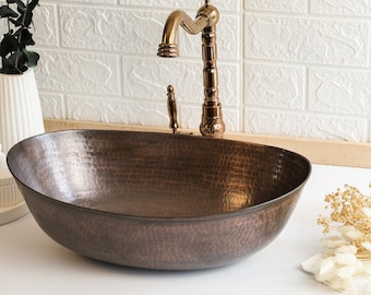 Handmade Copper Bathroom Vessel Sink | Hammered Copper Kitchen and Bathroom Vanity Vessel Sink | *Drain Cap Included*