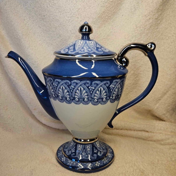 Vintage 1980's Bombay Co. Blue, White, and Silver Porcelain Teapot