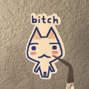 May include: White sticker with a cartoon cat with blue eyes and pink cheeks. The cat is wearing a blue outline and the word "bitch" is written above the cat.