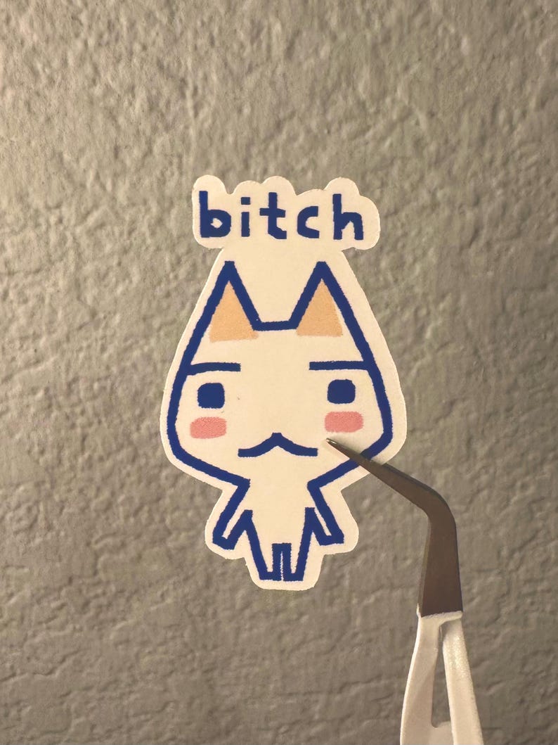 May include: White sticker with a cartoon cat with blue eyes and pink cheeks. The cat is wearing a blue outline and the word "bitch" is written above the cat.