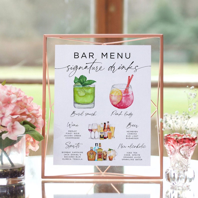 Barmenusjabloon, kenmerkend drankjebord, moderne bewerkbare drankmenusjabloon, minimalistisch afdrukbaar barmenu, 6000+ drankjes en garnituren afbeelding 1