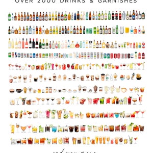 Op de afbeelding: Een kleurrijke illustratie van meer dan 2000 verschillende dranken en garnituren. De afbeelding bevat een verscheidenheid aan alcoholische en niet-alcoholische dranken, evenals verschillende vruchten, kruiden en andere garnituren. De tekst "and way more..." staat onderaan de afbeelding.