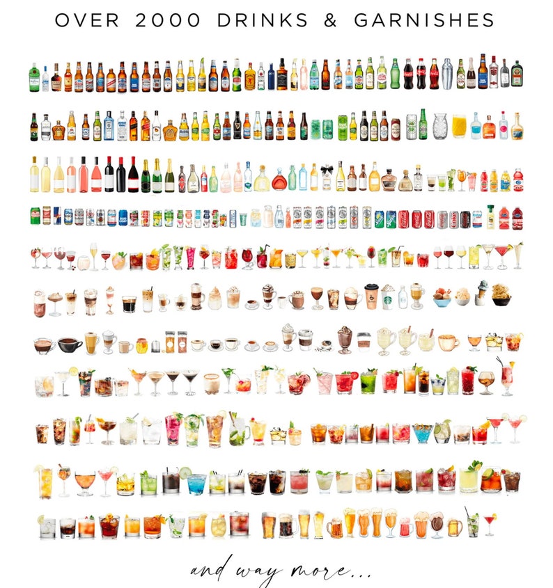 Op de afbeelding: Een kleurrijke illustratie van meer dan 2000 verschillende dranken en garnituren. De afbeelding bevat een verscheidenheid aan alcoholische en niet-alcoholische dranken, evenals verschillende vruchten, kruiden en andere garnituren. De tekst "and way more..." staat onderaan de afbeelding.