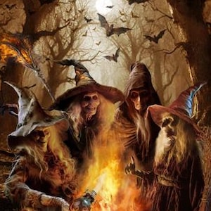May include: A rectangular fabric panel featuring a dark, atmospheric scene of four witches gathered around a glowing orange cauldron in a forest. The border is decorated with ornate gold scrollwork and skulls, with a repeating skeleton pattern.