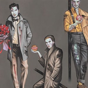 May include: Three men in a comic book style illustration. The man on the left is wearing a gray coat, a white shirt, a black bow tie, and black pants. He is holding a bouquet of red roses. The man in the middle is wearing a brown coat and is holding a red and yellow donut. The man on the right is wearing a yellow shirt, a brown jacket, and blue jeans. He is holding a brain in his hand.