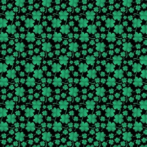 May include: A seamless pattern of green four-leaf clovers on a black background.