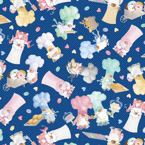 FINAL YARDAGE Sweet Gnomes in blue Cotton Fabric