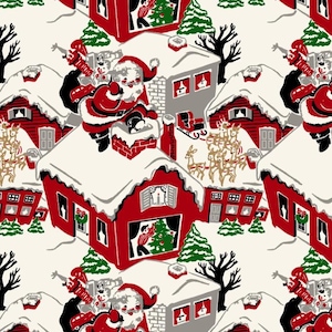 Multi Rooftop Santa Vintage Look Cotton Fabric