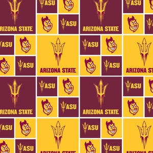 May include: A repeating pattern featuring the Arizona State University logo and mascot. The design includes the ASU trident, the word "ARIZONA STATE", and the ASU mascot, all in maroon, gold, and white. The pattern is arranged in a grid format.