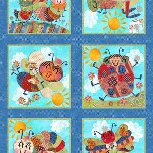 May include: A set of four colorful patchwork fabric squares featuring different insects. Each square has a blue background with white clouds and a yellow sun. The insects include a caterpillar, a dragonfly, a ladybug, and a butterfly.