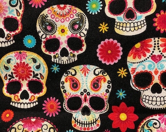 Sugar Skull Fabric: Bright Floral Calavera Print, 100% Cotton