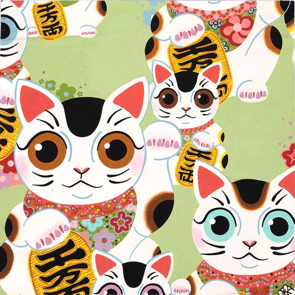 Fuku Kitty cotton fabric in sage by Alexander Henry