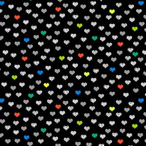 May include: A black background is covered with a pattern of hearts in various colors and designs. The hearts are white with polka dots or stripes, gray, red, green, blue, and yellow.