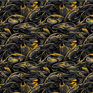 May include: A repeating pattern featuring multiple black raven heads with sharp beaks and detailed golden-yellow highlights around the eyes and neck feathers. The birds are oriented in various directions, creating a dense, dark, and graphic composition.