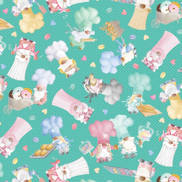 FINAL YARDAGE Sweet Gnomes in jade Cotton Fabric