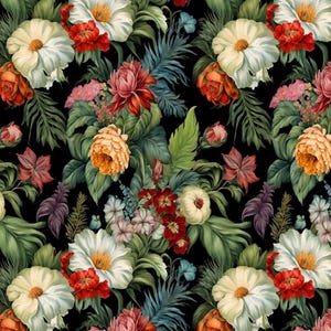 May include: A seamless floral pattern featuring a variety of flowers in shades of white, orange, red, and pink, set against a black background. The design includes detailed leaves and foliage, creating a lush, botanical theme.