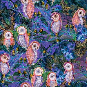 May include: A purple and green background with a repeating pattern of owls and flowers. The owls are white, pink, and blue with black eyes. The flowers are blue and purple.