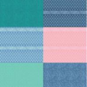 May include: A vertical panel featuring a patchwork of patterned fabric swatches. The designs include floral, geometric, and abstract patterns in shades of blue, pink, teal, and white. The fabrics appear to be cotton or a similar material.