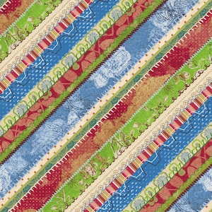 May include: A colorful fabric with a patchwork design featuring stripes of red, green, blue, and beige. The fabric has a textured surface and a stitched edge.