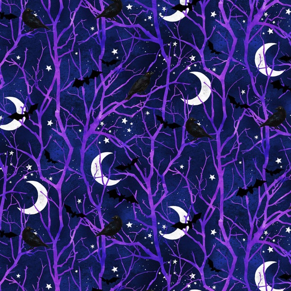 Into the Web Bat Raven Moon Tree Cotton Fabric