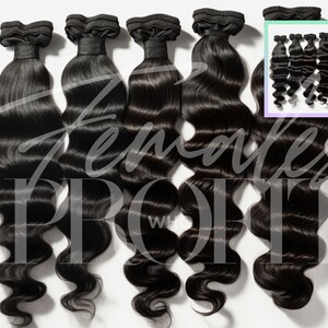 May include: Five bundles of black human hair extensions in a loose wave texture. The hair is arranged in a row, with the wefts facing up.