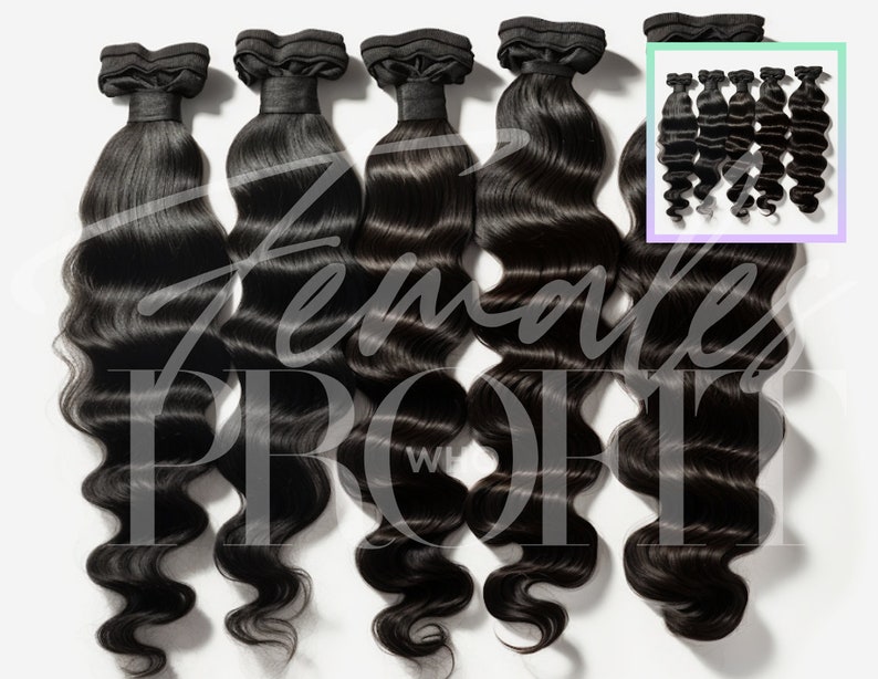 May include: Five bundles of black human hair extensions in a loose wave texture. The hair is arranged in a row, with the wefts facing up.