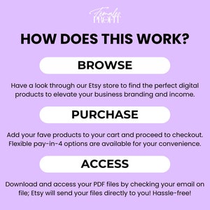 May include: A purple background with white text that reads "How does this work?" with three buttons that read "Browse", "Purchase", and "Access". The text below the buttons explains how to purchase digital products from an Etsy store.