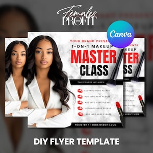 Op de afbeelding: Een zwart-witte flyer met een marmeren achtergrond. De flyer adverteert een 1-op-1 make-up masterclass. De tekst "YOUR BRAND PRESENTS 1-ON-1 MAKEUP MASTER CLASS" is in rood en wit. De flyer bevat een lijst met cursusinbegrepen met de tekst "ADD INFO HERE PLEASE" die meerdere keren wordt herhaald. De flyer bevat ook de tekst "REGISTER AT WWW.WEBSITE.COM".