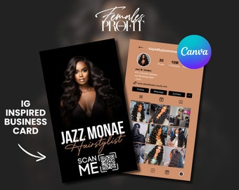 May include: A black and gold business card with a QR code. The card features a photo of a woman with long black hair and the text "JAZZ MONAE Hairstylist" and "SCAN ME".
