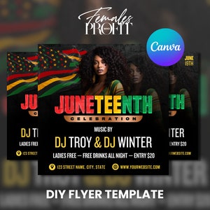 Puede incluir: Un folleto negro y verde con el texto "JUNETEENTH CELEBRATION" en letras grandes y en negrita. El folleto también incluye el texto "MUSIC BY DJ TROY & DJ WINTER", "LADIES FREE - FREE DRINKS ALL NIGHT - ENTRY €20", y "WWW.YOURWEBSITE.COM".