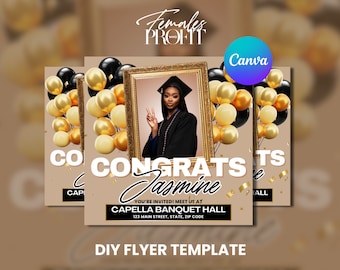 DIY Graduation flyer, Class of 2024, Graduation party invitation template, Canva Flyer, Grad announcement, Congrats to the grad, Black, Gold